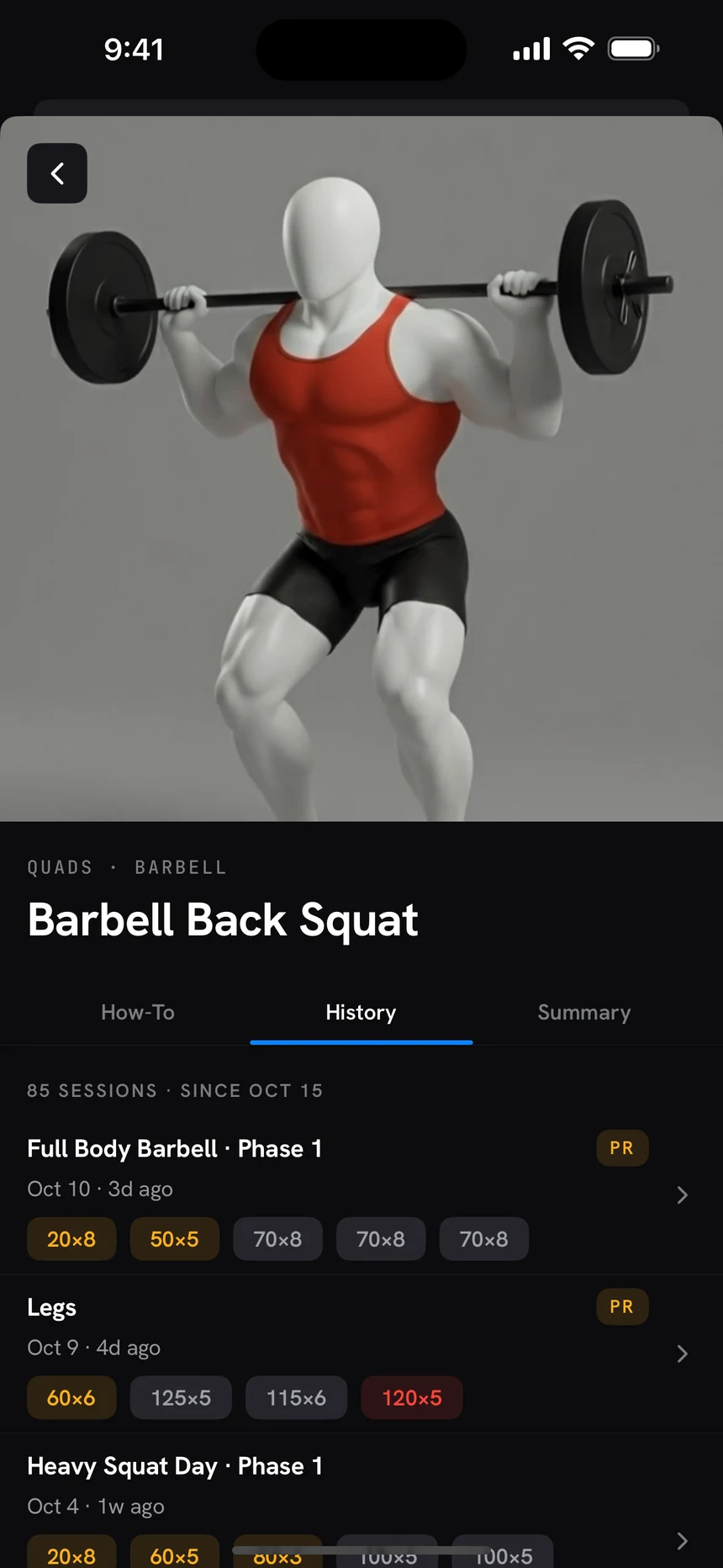Forge exercise history for the barbell back squat, listing past sessions with their sets and PR markers
