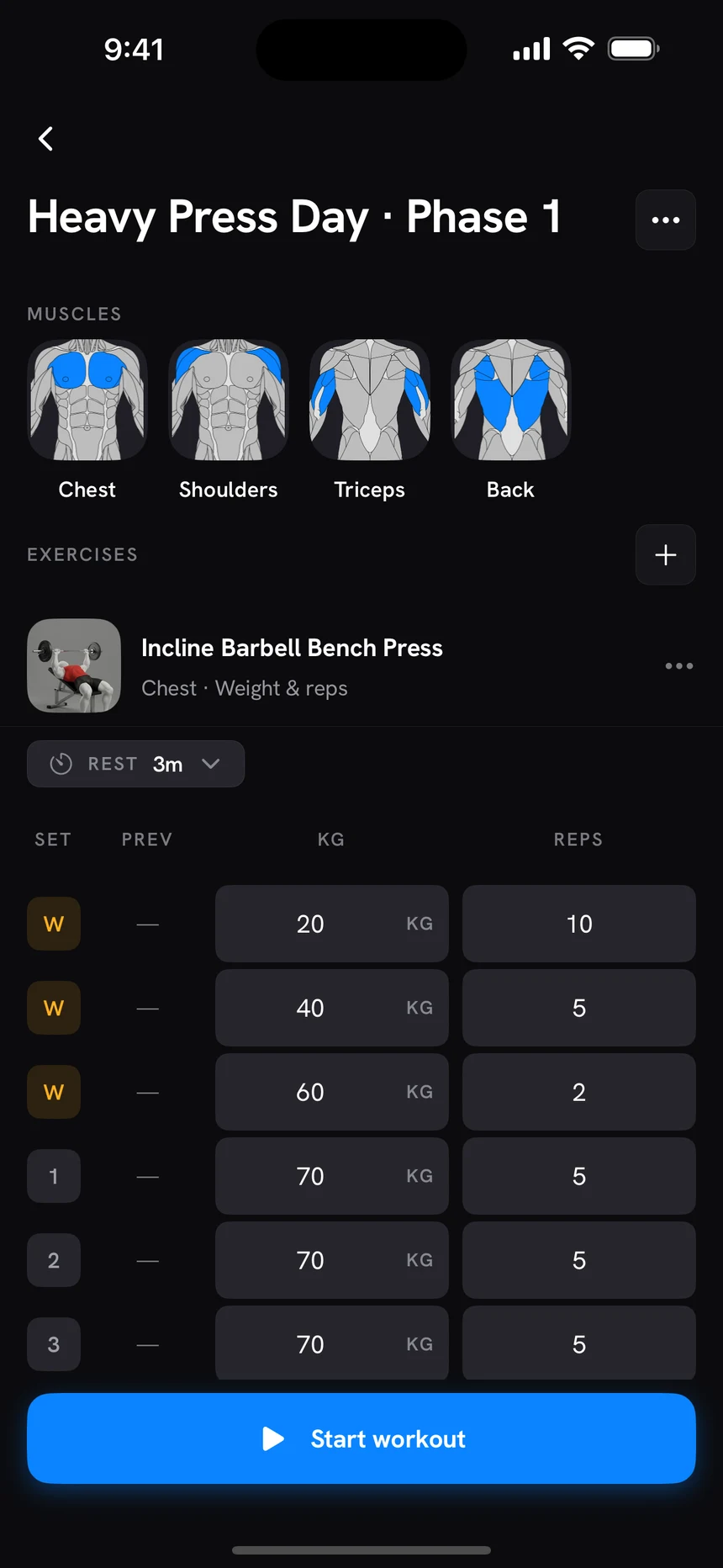 Forge workout preview for Heavy Press Day, Phase 1: target muscles and planned sets for each exercise