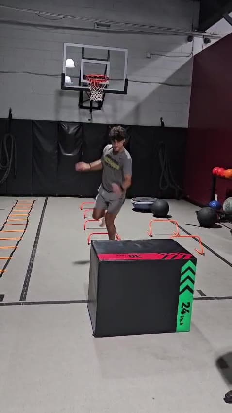 A client landing a box jump on an indoor court